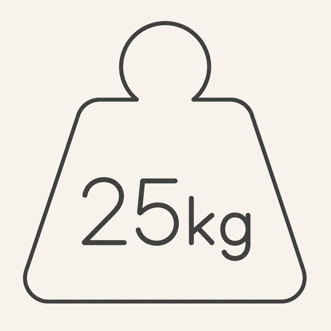 A simple line drawing of a weight scale icon with the text '25kg' on a light warm gray background.
