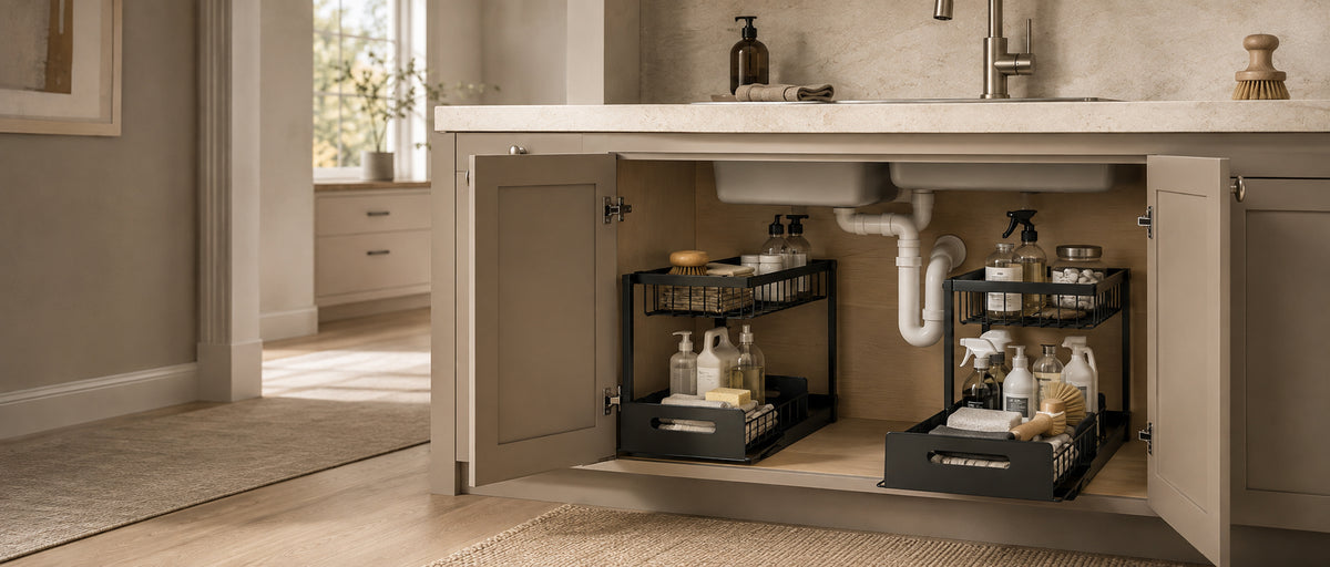 Pull-Out Under Sink Organizer with two storage units in a warm under-sink kitchen cabinet