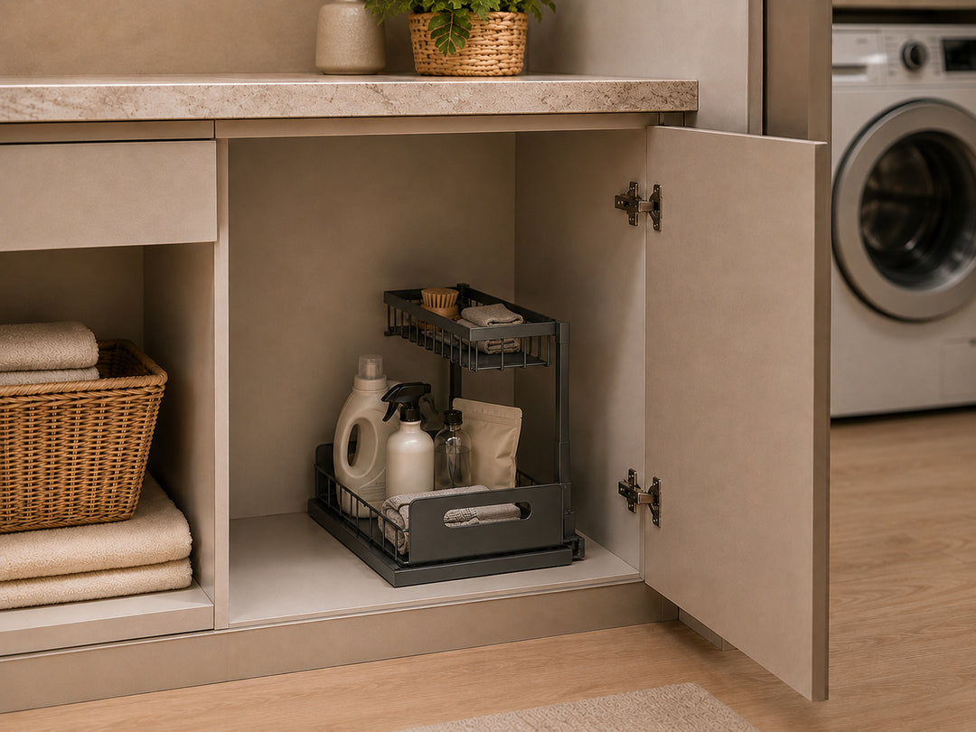 Pull-Out Under Sink Organizer used in a laundry utility cabinet for cleaning supplies