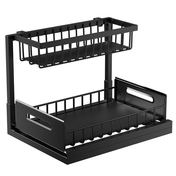 Pull-Out Under Sink Organizer in black carbon steel with two-tier L-shaped storage design