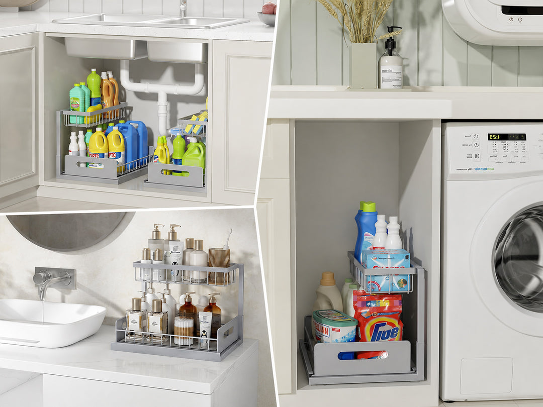 A collage showing a gray pull-out laundry organizer shelf in use inside a white laundry cabinet, holding detergent bottles and cleaning supplies next to a washing machine.