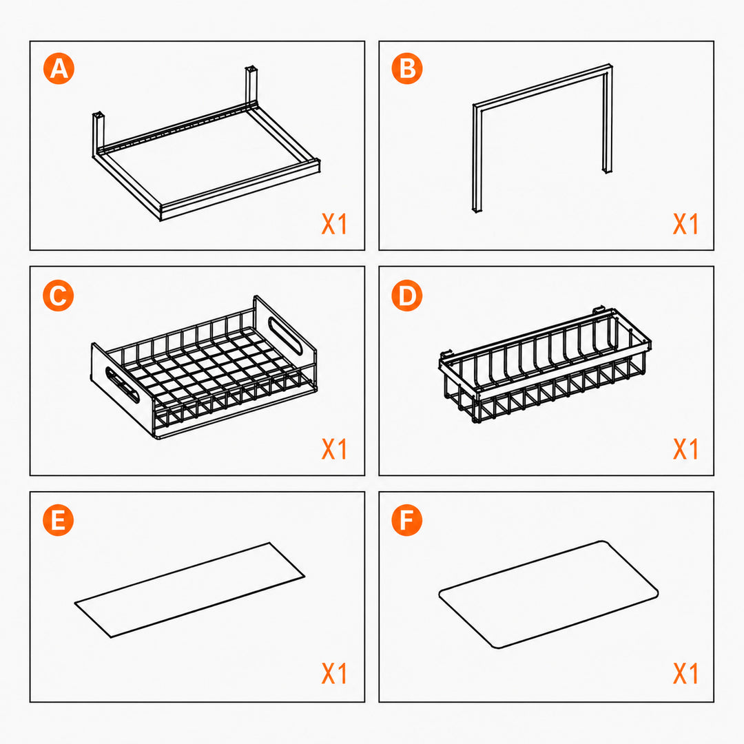 Instruction diagram showing six panel components labeled A through F with small orange 'X1' counts, likely for assembling a shelf or tray system.