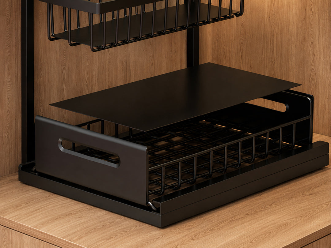 Pull-Out Under Sink Organizer with removable liner lifted for easy cleaning