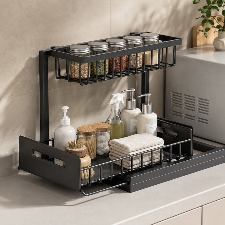 Pull-Out Under Sink Organizer with smooth pull-out storage for easy access