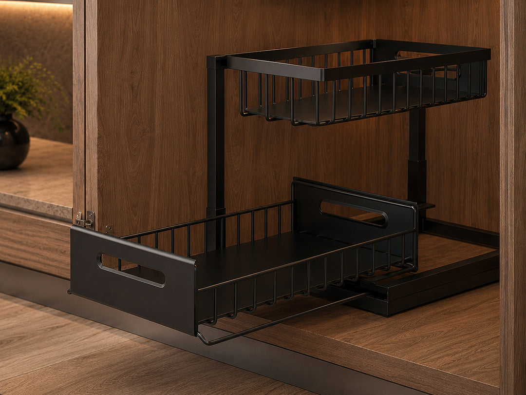 Pull-Out Under Sink Organizer with lower basket extended to show the smooth pull-out design