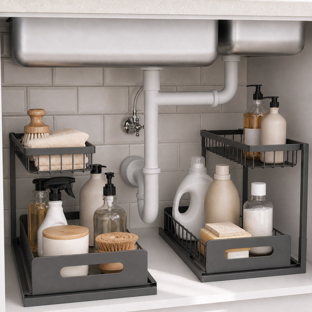 Pull-Out Under Sink Organizer in a tidy under-sink cabinet storage scene
