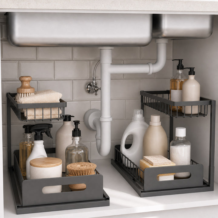 Pull-Out Under Sink Organizer in a tidy under-sink cabinet storage scene