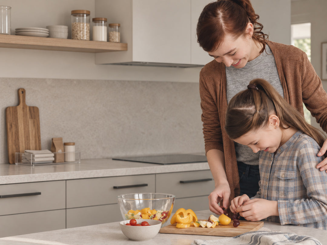 Adult and child preparing food together in a calm, organised modern kitchen