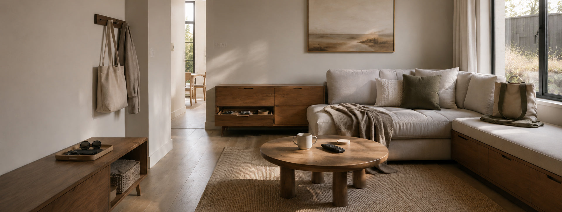 Modern living room and entryway with practical everyday storage and organised home essentials