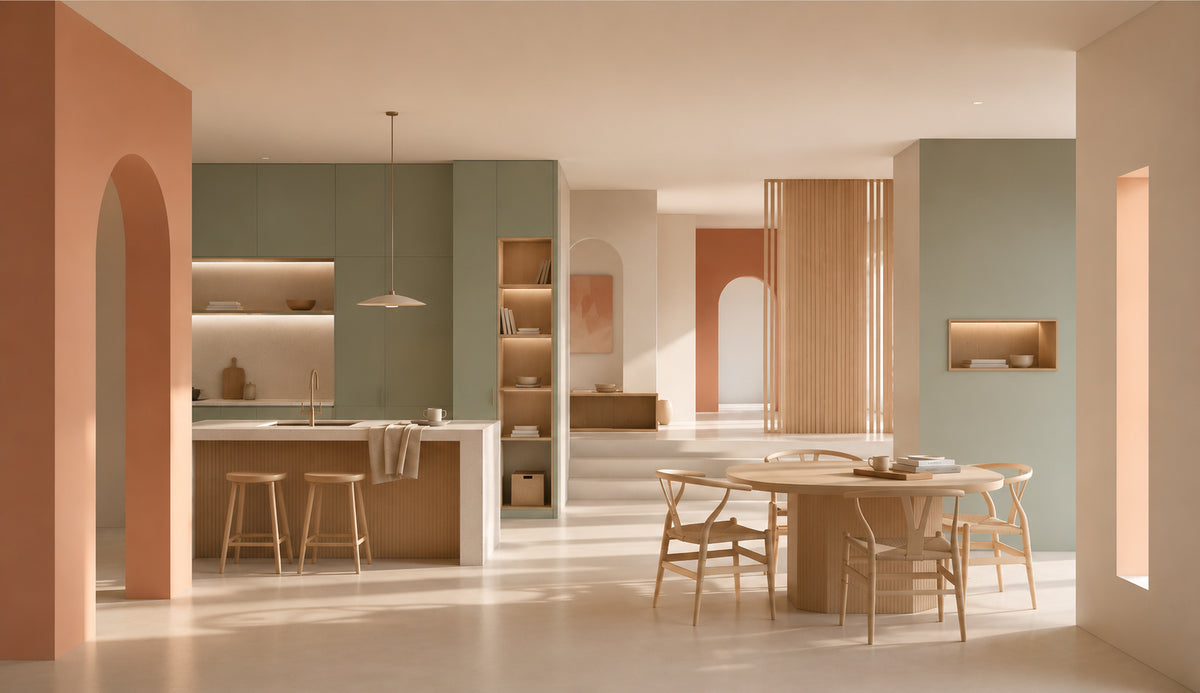 Modern open-plan home interior with organised kitchen, dining and architectural living spaces | OUMANDA Shop by Space
