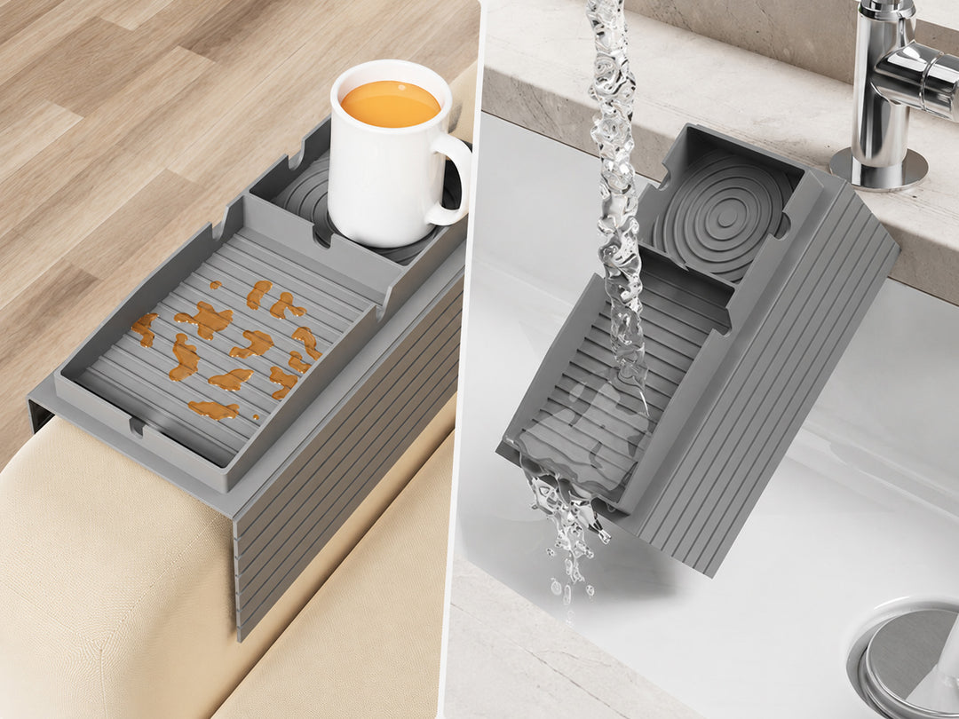 Silicone Sofa Armrest Tray showing easy cleaning under running water