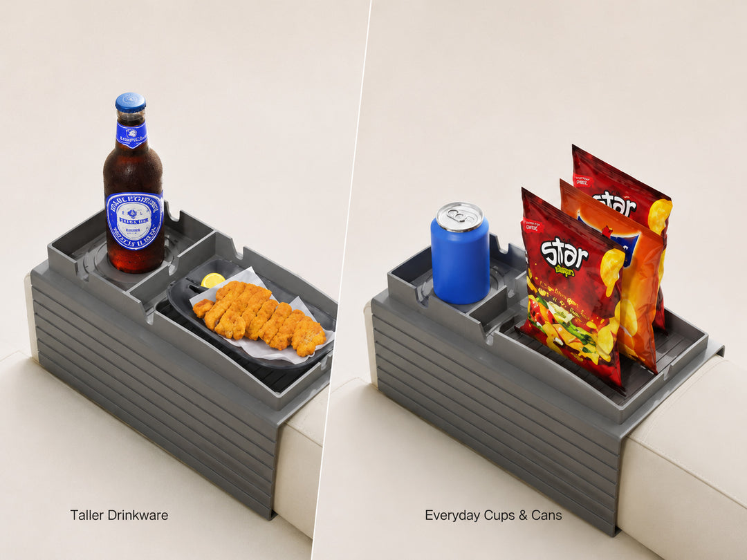 Silicone sofa armrest tray holding different drinkware and snacks