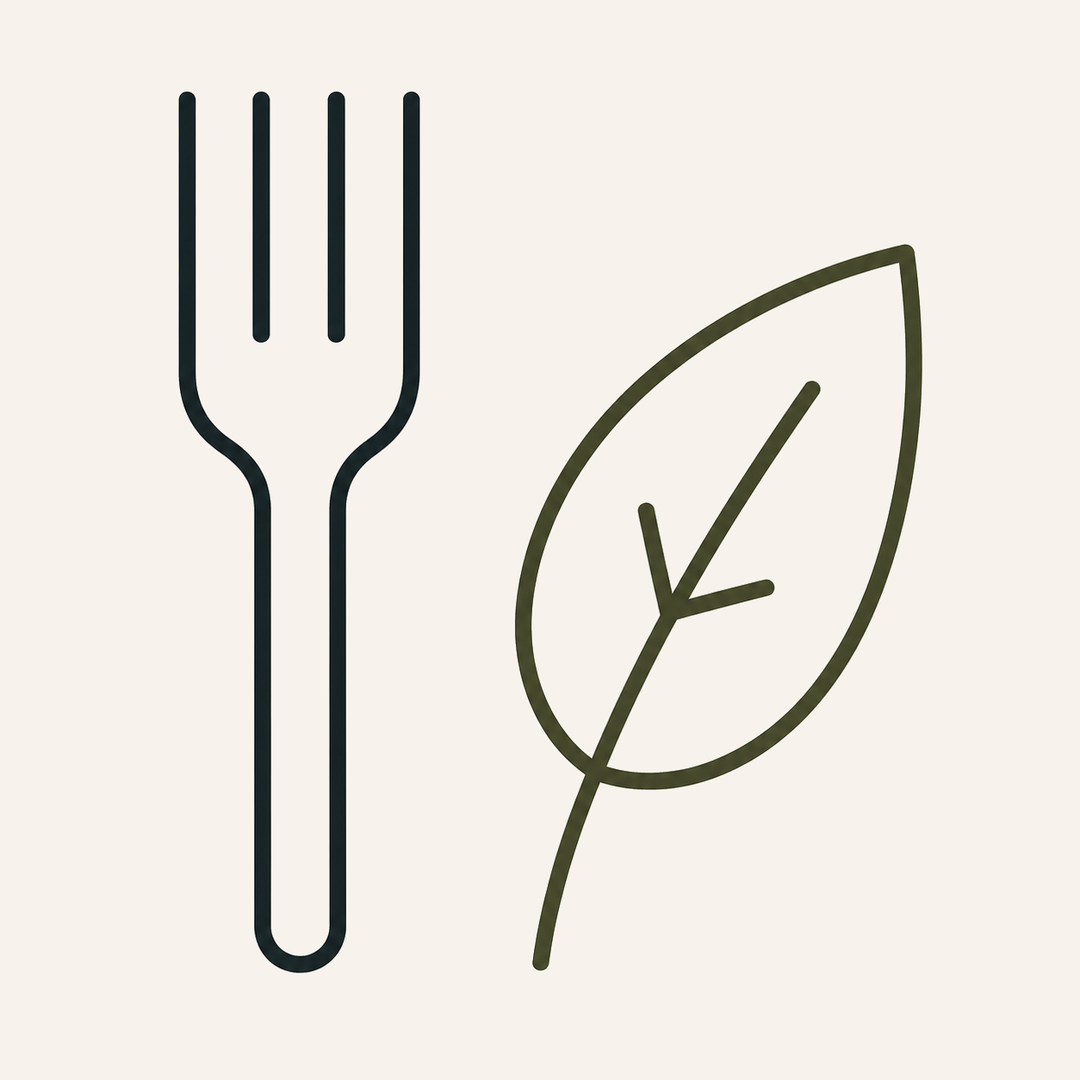 A minimalist vector icon set featuring a black fork outline on the left and a dark olive green leaf outline on the right, set against a solid light beige background.