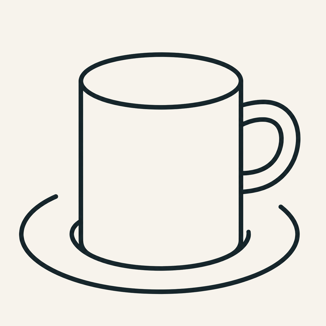 A minimalist black line drawing of a coffee mug on a saucer, centered on a solid light beige background.