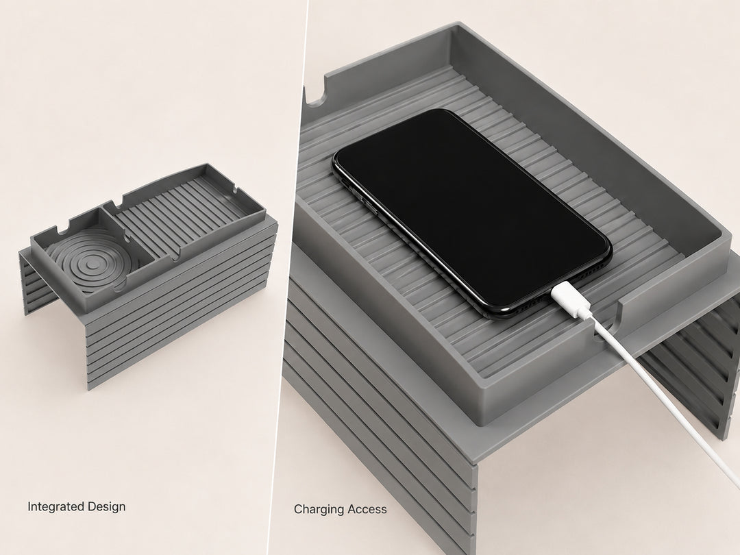 Silicone Sofa Armrest Tray with integrated design and charging access