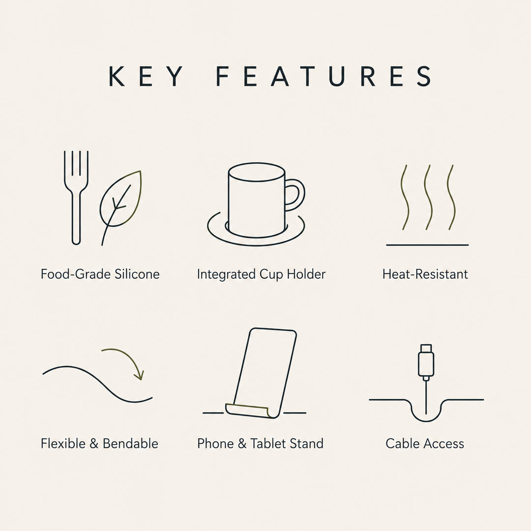 Silicone Sofa Armrest Tray key features including food-grade silicone, flexible design, heat resistance, cup holder, device stand and cable access