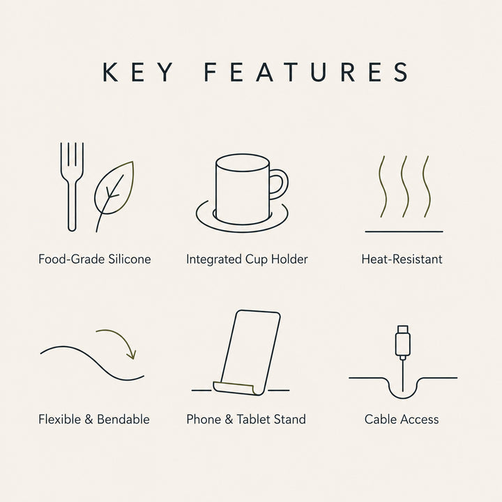 Silicone Sofa Armrest Tray key features including food-grade silicone, flexible design, heat resistance, cup holder, device stand and cable access