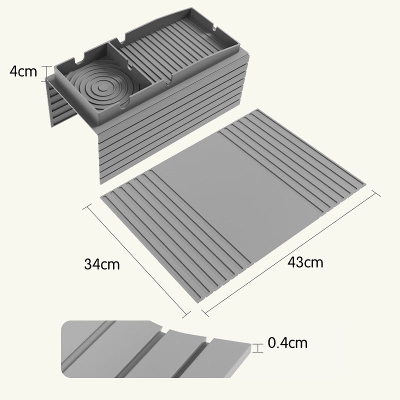 Silicone Sofa Armrest Tray dimensions showing 43 cm length, 34 cm width, 4 cm cup holder height and 0.4 cm silicone thickness