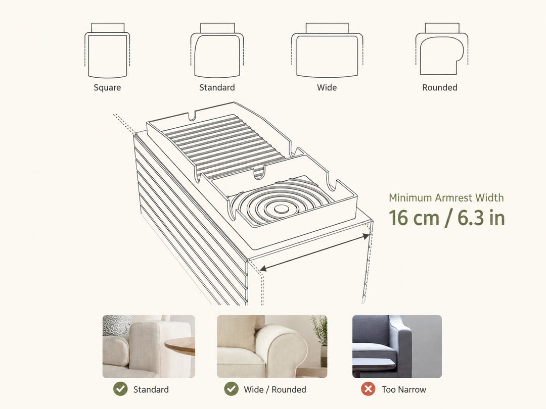 Silicone Sofa Armrest Tray fit guide for different sofa armrests with 16 cm minimum width