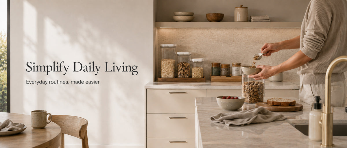 Warm modern kitchen organised for simpler everyday routines
