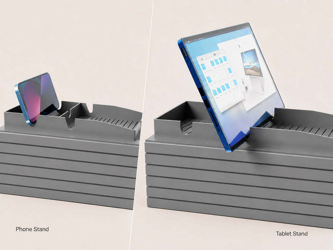 Sofa armrest organizer tray with built-in phone and tablet stand