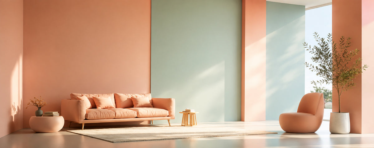 A modern living room scene with a peach sofa, peach armchair, small wooden side table, and potted plants against a color-blocked wall with peach, sage green, and white panels.